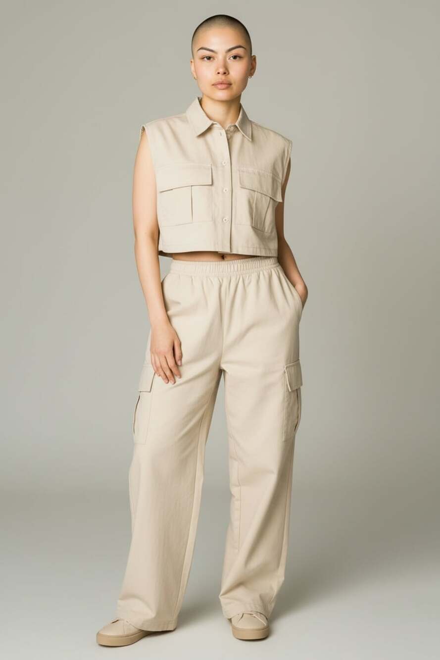 Sollinarry Women's Two-Piece Cargo Vest and Wide Leg Pants Set Beige